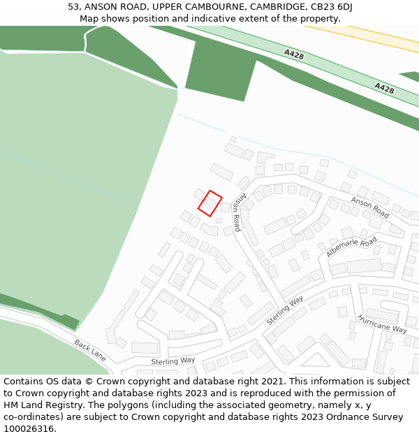 53, ANSON ROAD, UPPER CAMBOURNE, CAMBRIDGE, CB23 6DJ: Location map and indicative extent of plot