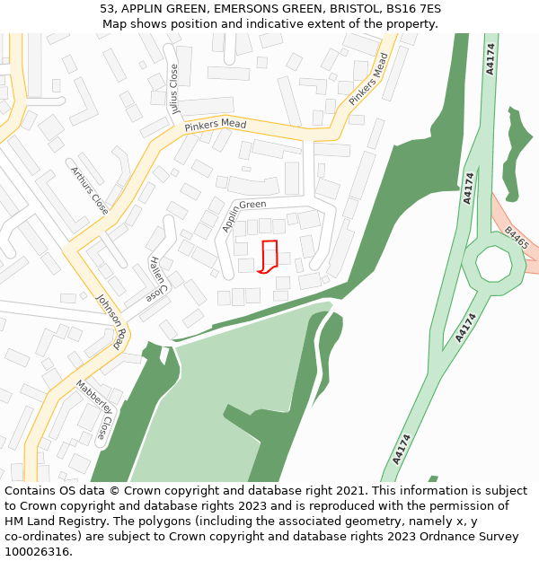 53, APPLIN GREEN, EMERSONS GREEN, BRISTOL, BS16 7ES: Location map and indicative extent of plot