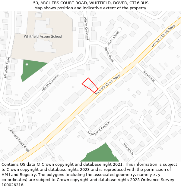 53, ARCHERS COURT ROAD, WHITFIELD, DOVER, CT16 3HS: Location map and indicative extent of plot