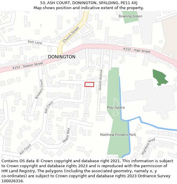 53, ASH COURT, DONINGTON, SPALDING, PE11 4XJ: Location map and indicative extent of plot