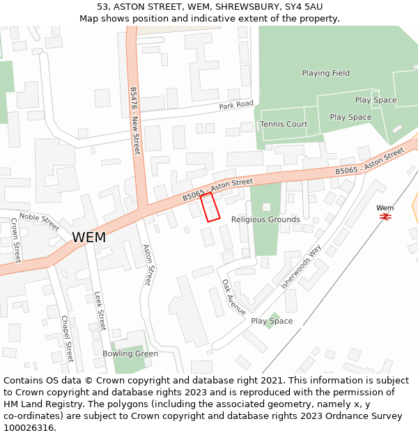 53, ASTON STREET, WEM, SHREWSBURY, SY4 5AU: Location map and indicative extent of plot