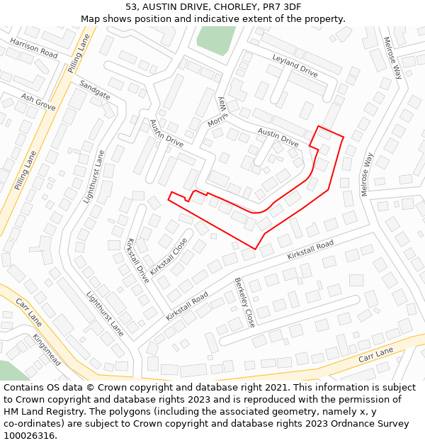 53, AUSTIN DRIVE, CHORLEY, PR7 3DF: Location map and indicative extent of plot