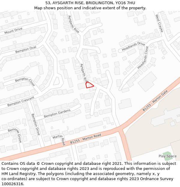 53, AYSGARTH RISE, BRIDLINGTON, YO16 7HU: Location map and indicative extent of plot