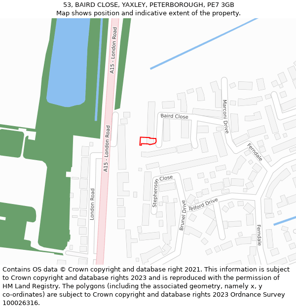 53, BAIRD CLOSE, YAXLEY, PETERBOROUGH, PE7 3GB: Location map and indicative extent of plot