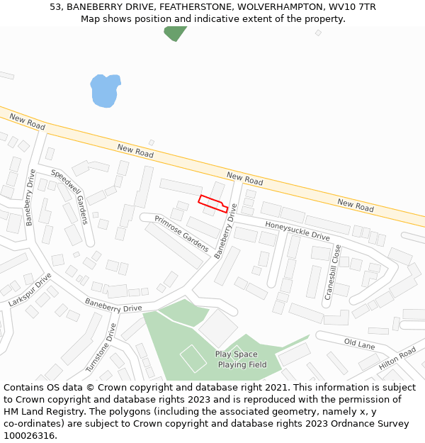 53, BANEBERRY DRIVE, FEATHERSTONE, WOLVERHAMPTON, WV10 7TR: Location map and indicative extent of plot