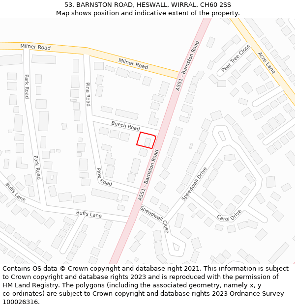 53, BARNSTON ROAD, HESWALL, WIRRAL, CH60 2SS: Location map and indicative extent of plot