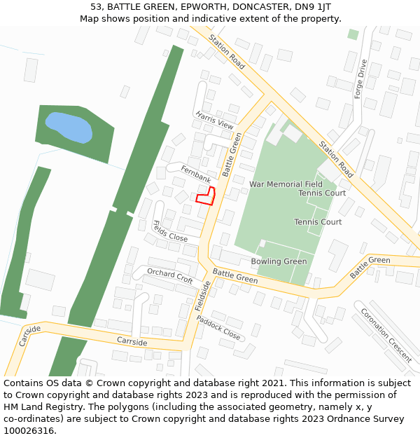 53, BATTLE GREEN, EPWORTH, DONCASTER, DN9 1JT: Location map and indicative extent of plot