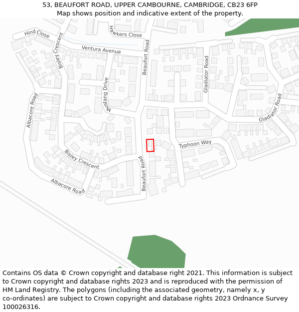 53, BEAUFORT ROAD, UPPER CAMBOURNE, CAMBRIDGE, CB23 6FP: Location map and indicative extent of plot