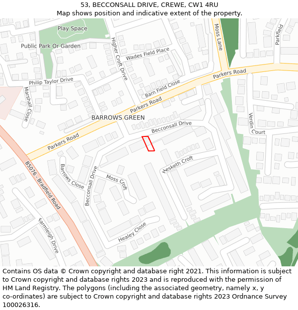 53, BECCONSALL DRIVE, CREWE, CW1 4RU: Location map and indicative extent of plot