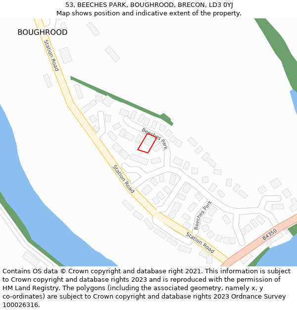 53, BEECHES PARK, BOUGHROOD, BRECON, LD3 0YJ: Location map and indicative extent of plot