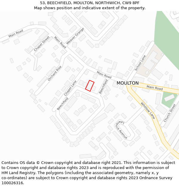 53, BEECHFIELD, MOULTON, NORTHWICH, CW9 8PF: Location map and indicative extent of plot