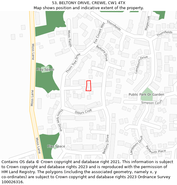 53, BELTONY DRIVE, CREWE, CW1 4TX: Location map and indicative extent of plot