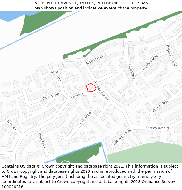 53, BENTLEY AVENUE, YAXLEY, PETERBOROUGH, PE7 3ZS: Location map and indicative extent of plot