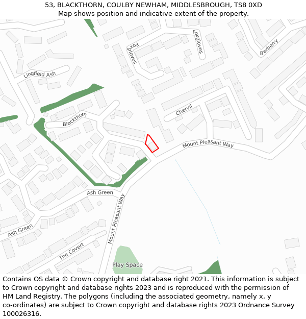 53, BLACKTHORN, COULBY NEWHAM, MIDDLESBROUGH, TS8 0XD: Location map and indicative extent of plot