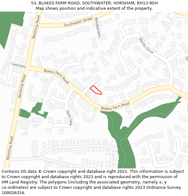 53, BLAKES FARM ROAD, SOUTHWATER, HORSHAM, RH13 9GH: Location map and indicative extent of plot