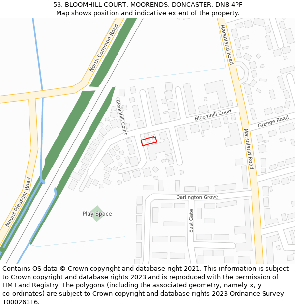 53, BLOOMHILL COURT, MOORENDS, DONCASTER, DN8 4PF: Location map and indicative extent of plot