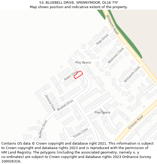 53, BLUEBELL DRIVE, SPENNYMOOR, DL16 7YF: Location map and indicative extent of plot