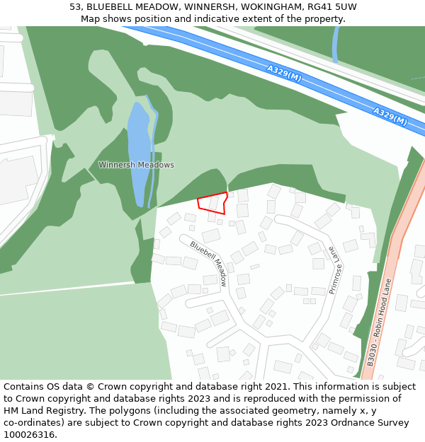 53, BLUEBELL MEADOW, WINNERSH, WOKINGHAM, RG41 5UW: Location map and indicative extent of plot