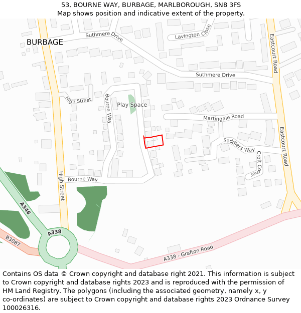 53, BOURNE WAY, BURBAGE, MARLBOROUGH, SN8 3FS: Location map and indicative extent of plot