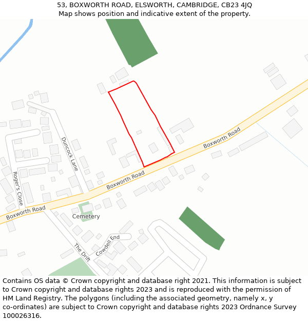 53, BOXWORTH ROAD, ELSWORTH, CAMBRIDGE, CB23 4JQ: Location map and indicative extent of plot
