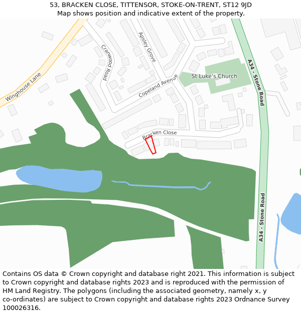 53, BRACKEN CLOSE, TITTENSOR, STOKE-ON-TRENT, ST12 9JD: Location map and indicative extent of plot