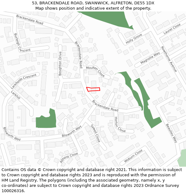 53, BRACKENDALE ROAD, SWANWICK, ALFRETON, DE55 1DX: Location map and indicative extent of plot