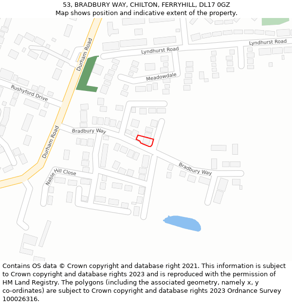 53, BRADBURY WAY, CHILTON, FERRYHILL, DL17 0GZ: Location map and indicative extent of plot