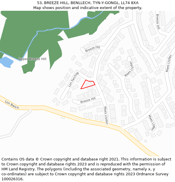 53, BREEZE HILL, BENLLECH, TYN-Y-GONGL, LL74 8XA: Location map and indicative extent of plot