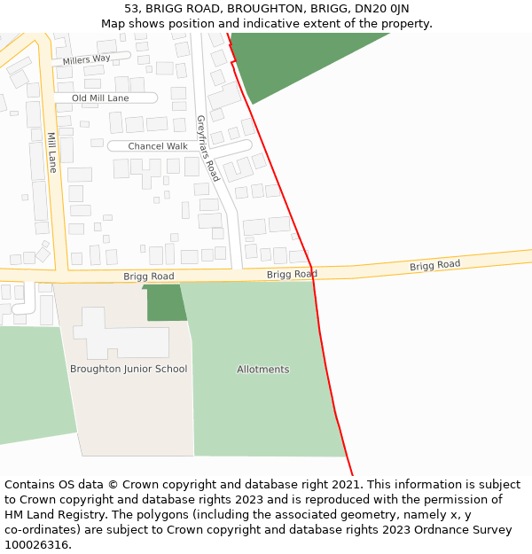 53, BRIGG ROAD, BROUGHTON, BRIGG, DN20 0JN: Location map and indicative extent of plot