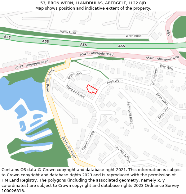 53, BRON WERN, LLANDDULAS, ABERGELE, LL22 8JD: Location map and indicative extent of plot