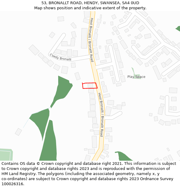 53, BRONALLT ROAD, HENDY, SWANSEA, SA4 0UD: Location map and indicative extent of plot