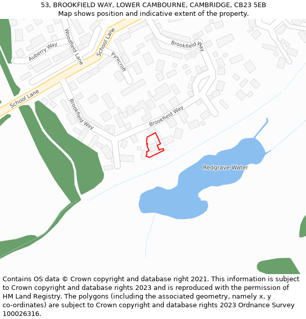 53, BROOKFIELD WAY, LOWER CAMBOURNE, CAMBRIDGE, CB23 5EB: Location map and indicative extent of plot