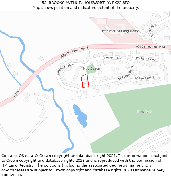 53, BROOKS AVENUE, HOLSWORTHY, EX22 6FQ: Location map and indicative extent of plot