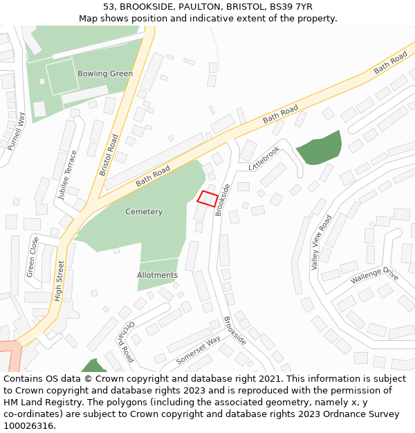 53, BROOKSIDE, PAULTON, BRISTOL, BS39 7YR: Location map and indicative extent of plot