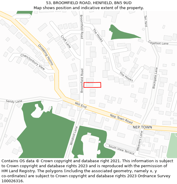 53, BROOMFIELD ROAD, HENFIELD, BN5 9UD: Location map and indicative extent of plot