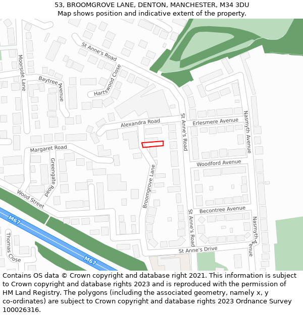 53, BROOMGROVE LANE, DENTON, MANCHESTER, M34 3DU: Location map and indicative extent of plot