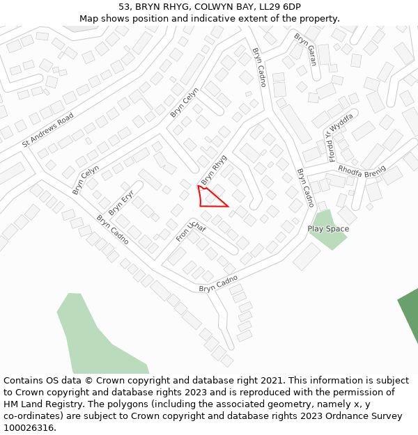 53, BRYN RHYG, COLWYN BAY, LL29 6DP: Location map and indicative extent of plot