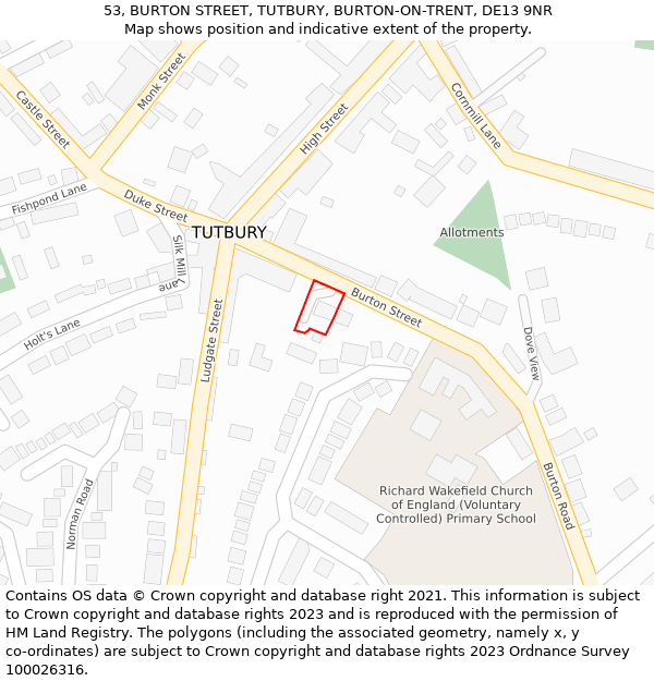 53, BURTON STREET, TUTBURY, BURTON-ON-TRENT, DE13 9NR: Location map and indicative extent of plot