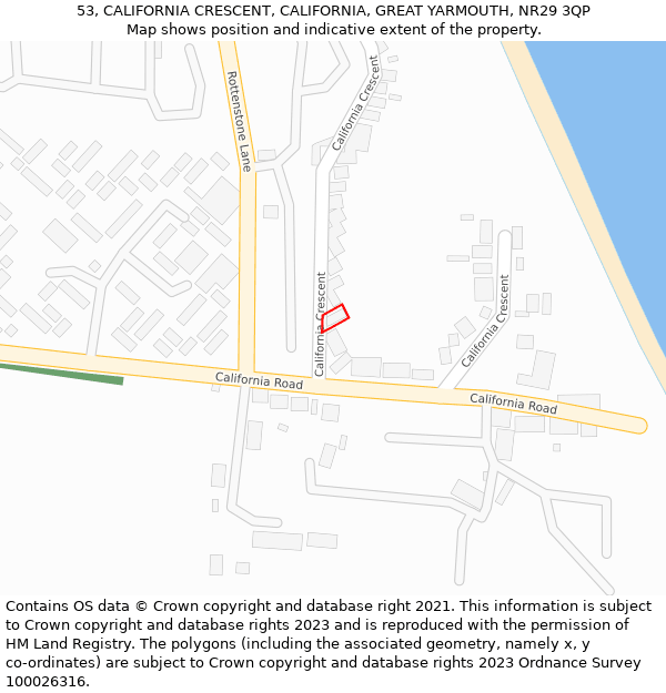 53, CALIFORNIA CRESCENT, CALIFORNIA, GREAT YARMOUTH, NR29 3QP: Location map and indicative extent of plot