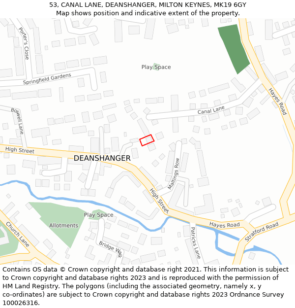 53, CANAL LANE, DEANSHANGER, MILTON KEYNES, MK19 6GY: Location map and indicative extent of plot