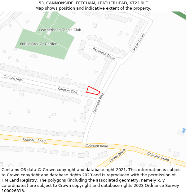 53, CANNONSIDE, FETCHAM, LEATHERHEAD, KT22 9LE: Location map and indicative extent of plot