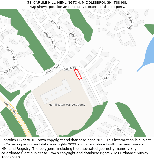 53, CARLILE HILL, HEMLINGTON, MIDDLESBROUGH, TS8 9SL: Location map and indicative extent of plot