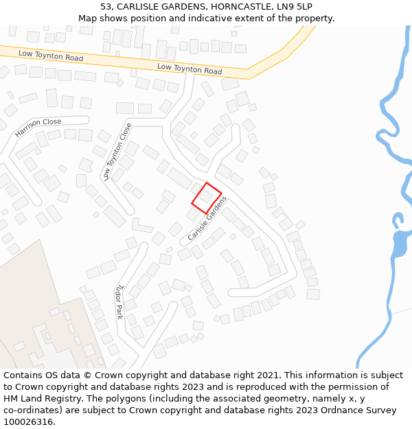 53, CARLISLE GARDENS, HORNCASTLE, LN9 5LP: Location map and indicative extent of plot
