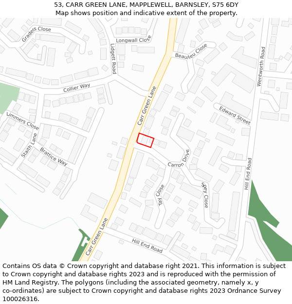 53, CARR GREEN LANE, MAPPLEWELL, BARNSLEY, S75 6DY: Location map and indicative extent of plot