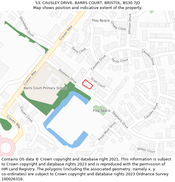 53, CAUSLEY DRIVE, BARRS COURT, BRISTOL, BS30 7JD: Location map and indicative extent of plot