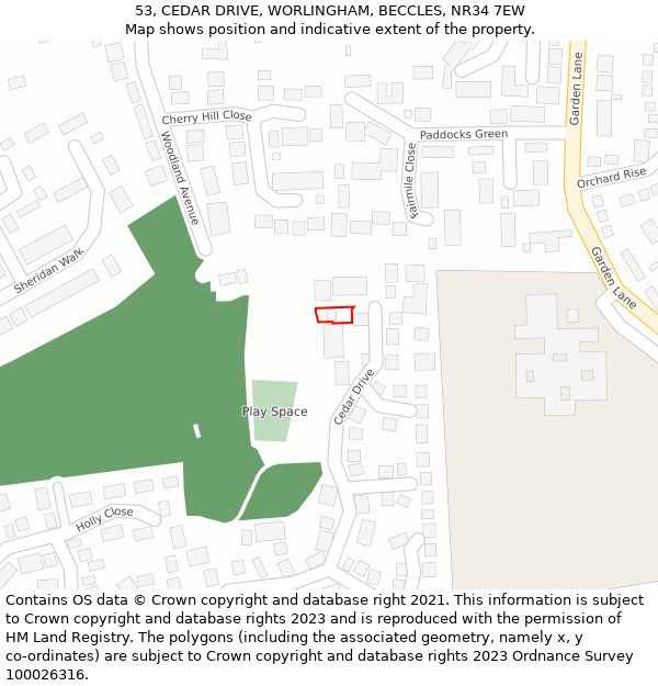 53, CEDAR DRIVE, WORLINGHAM, BECCLES, NR34 7EW: Location map and indicative extent of plot