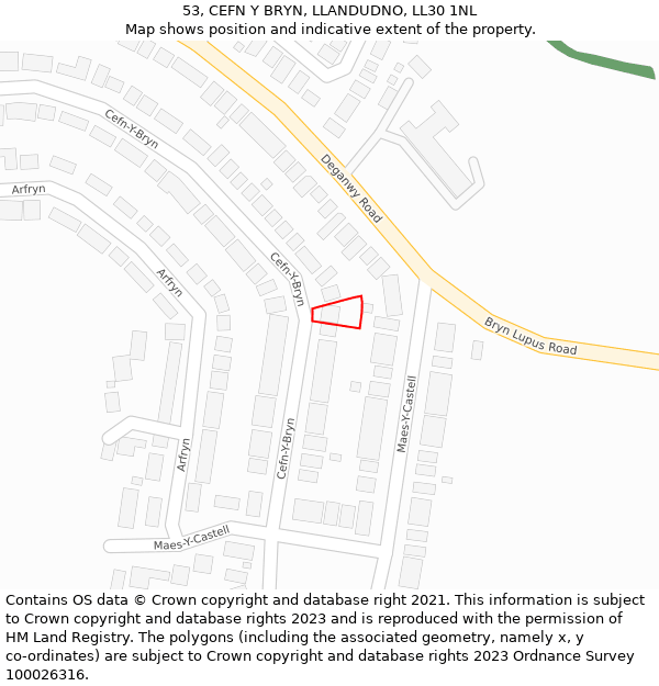 53, CEFN Y BRYN, LLANDUDNO, LL30 1NL: Location map and indicative extent of plot