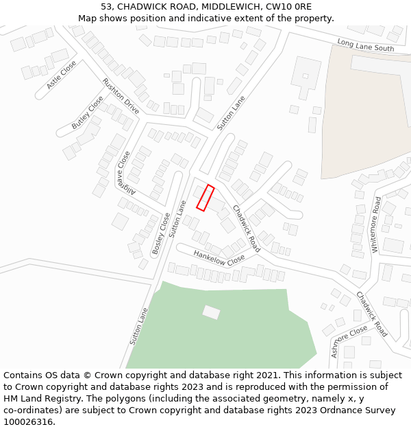 53, CHADWICK ROAD, MIDDLEWICH, CW10 0RE: Location map and indicative extent of plot