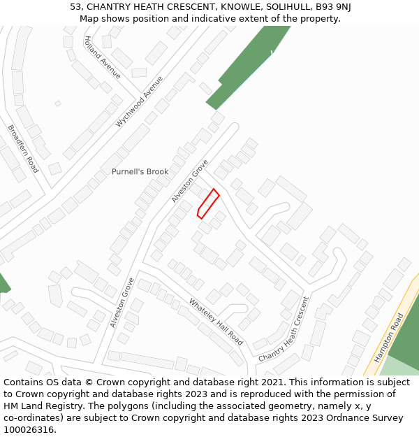 53, CHANTRY HEATH CRESCENT, KNOWLE, SOLIHULL, B93 9NJ: Location map and indicative extent of plot