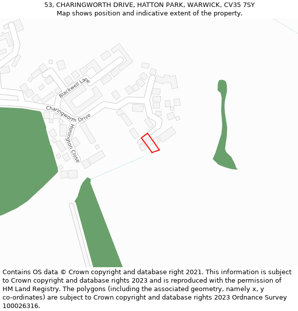 53, CHARINGWORTH DRIVE, HATTON PARK, WARWICK, CV35 7SY: Location map and indicative extent of plot